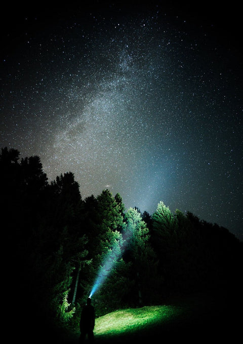 Ein kunstschaffender Künstler steht mit einer Sternenstaub-Taschenlampe unter einem Gian Reichmuth-Sternenhimmel und schafft eine fesselnde Szene.