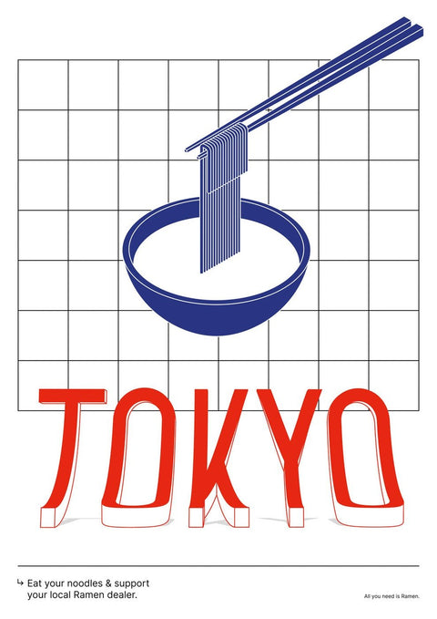 Auf dem Poster ist das Wort Tokio mit Essstäbchen und einer Schüssel Ramen zu sehen.