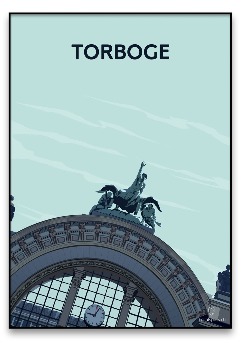 Eine Abbildung eines historischen Bogens mit der Aufschrift „Torboge“, mit einer Uhr in der Mitte und Statuen von Figuren an der Spitze, vor einem hellblauen Himmelshintergrund.