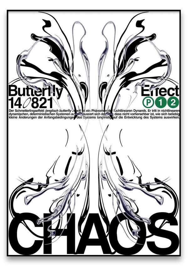 Ein schwarz-weißes CHAOS 2 von Alessio Borando Poster mit dem Wort „Chaos“ und einem abstrakten Design darauf.