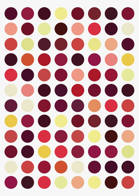 Ein farbenfrohes Kreisen-Polka-Dot-Muster auf einem weißen Hintergrund.

Produktname: Weinfarben 02