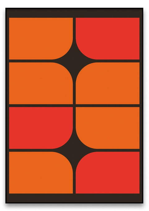 Orangefarbene und schwarze Quadrate im geometrischen Muster 02 auf schwarzem Hintergrund.