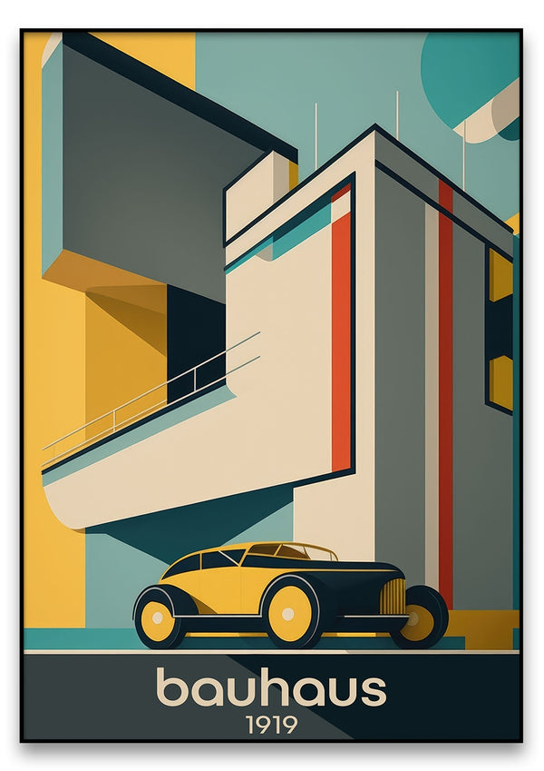 Eine Illustration im Art-Deco-Stil, die einen Oldtimer vor einem modernistischen Gebäude zeigt, das mit kräftigen geometrischen Formen und leuchtenden Farben geschmückt ist. Der Text unten lautet „Bauhausgebäude 3, 1919“.