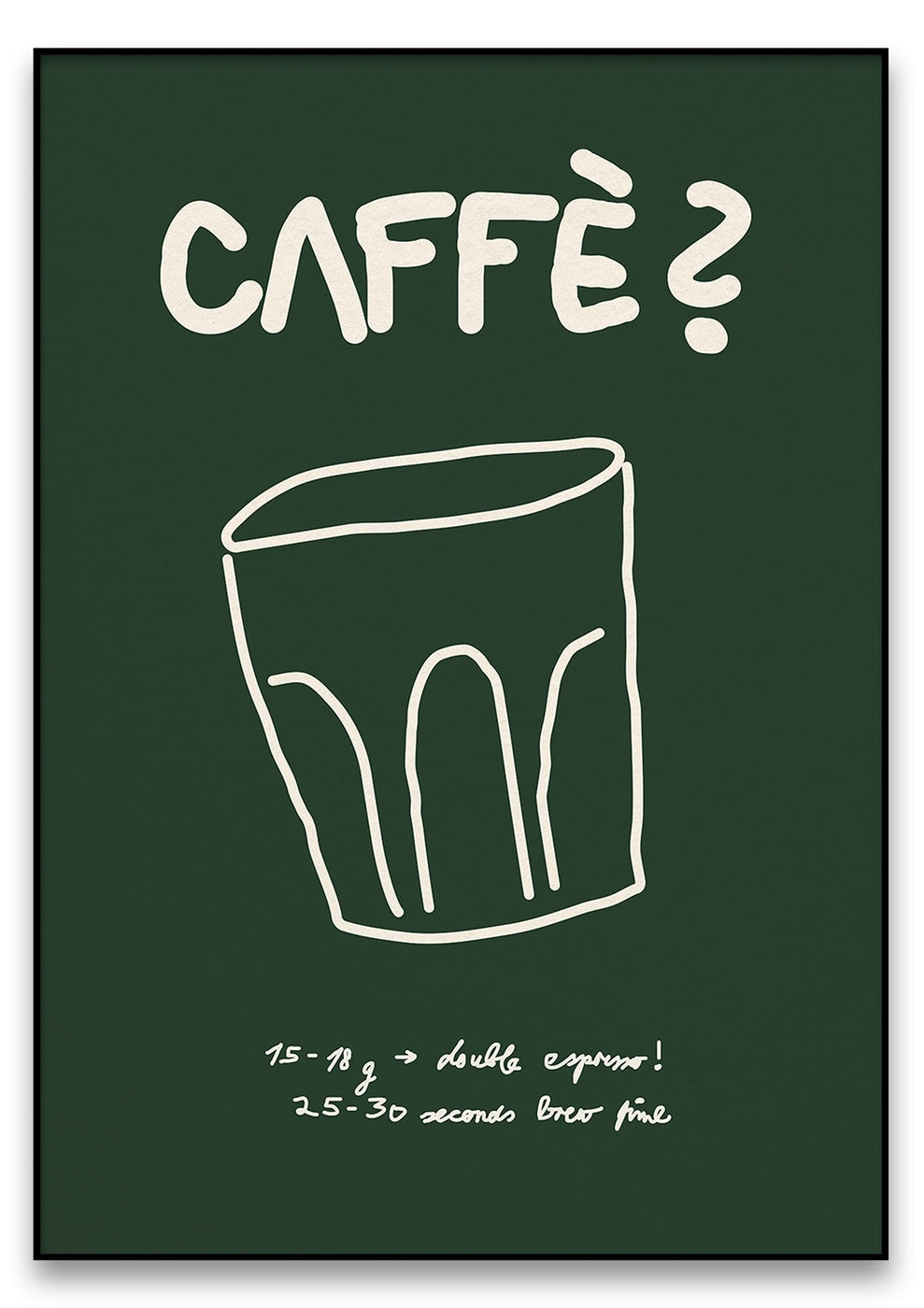 Caffè? (Grün) Poster mit einer handgezeichneten Kaffeetasse und dem Text „CAFFÈ? 15-18g -> doppelter Espresso! 25-30 Sekunden Brühzeit.“