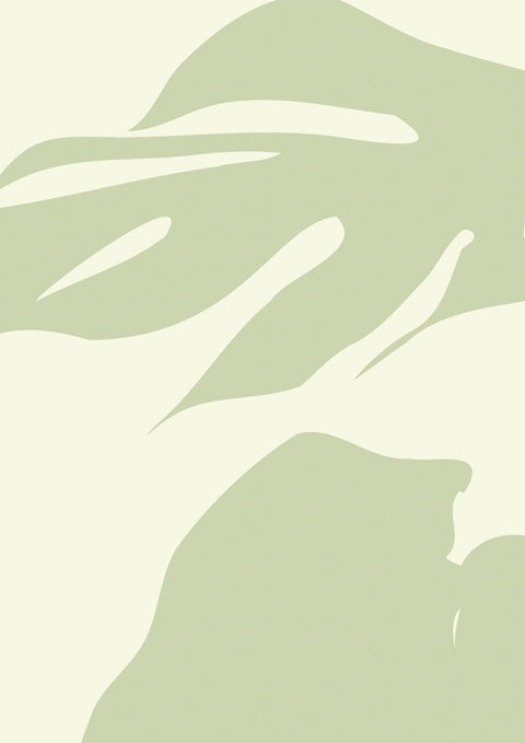 Eine Silhouette einer Monstera 02 vor einem grünen Hintergrund, umgeben von fließenden Linien.