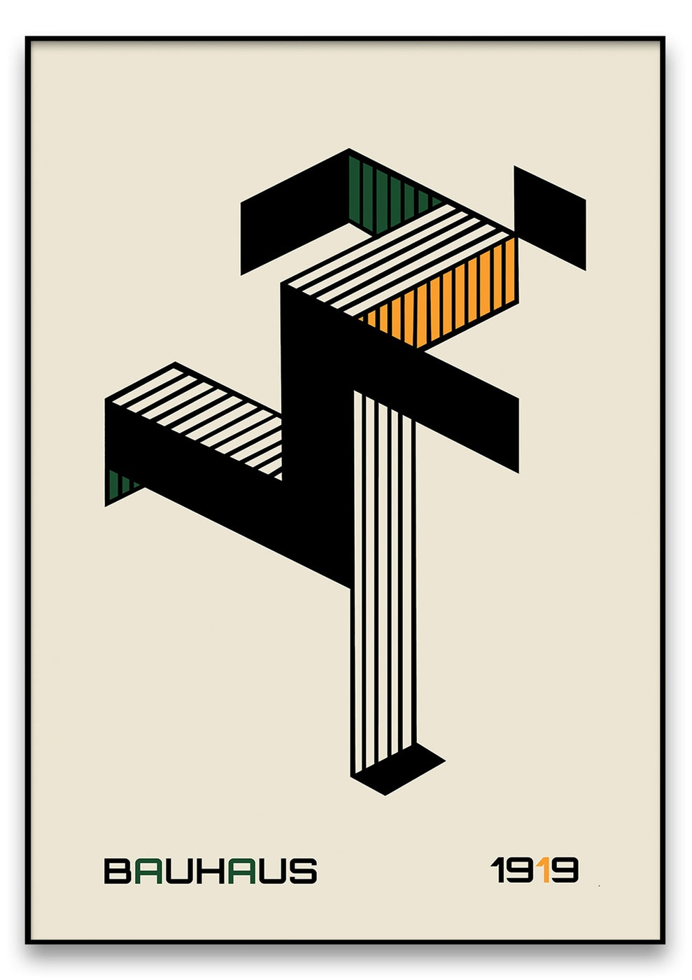 Ein geometrisches Design mit schwarzen, grünen und orangefarbenen Formen bildet eine abstrakte Figur vor einem beigen Hintergrund. Unten ist der Text „Bauhaus Running Man“ und „1919“ zu sehen.