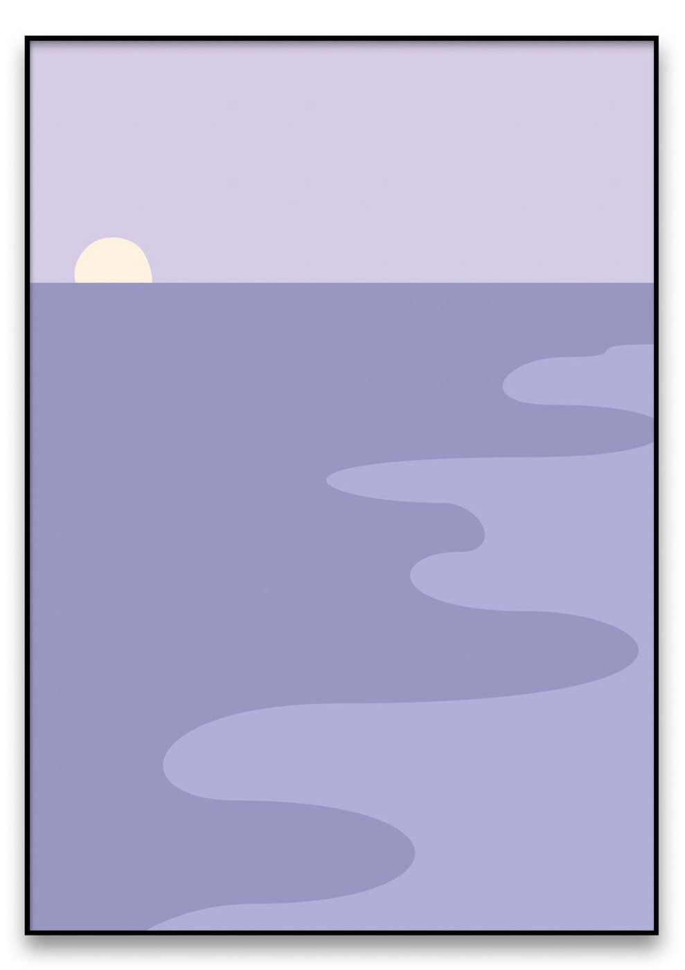 Eine Illustration eines Strandes mit Wellen und einem Sonnenuntergang, mit einem Sonnenaufgang.