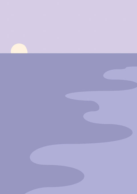 Eine Illustration eines Strandes mit Wellen und einem Sonnenuntergang unter einem pastellfarbenen Himmel von sun.rise.