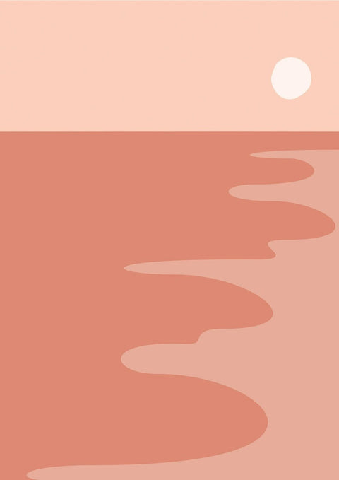 Eine Malerei einer Landschaft mit Wellen und einem Sonnenuntergang am Strand.