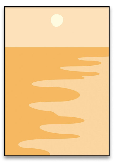 Eine Illustration eines Strandes mit Wellen und Sand, der in seinem Design einen Sonnenschein zur Schau stellt.