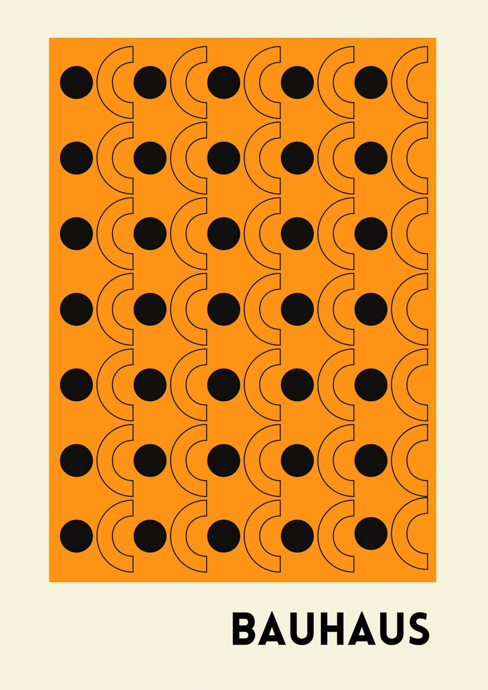 Das vguuu 1 ist ein orangefarbenes Poster, das mit einem sich wiederholenden Muster aus schwarzen Kreisen und Teilkreisen verziert ist, wobei unten das Wort „Bauhaus“ zu sehen ist.