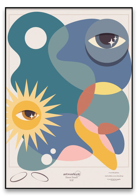 Ein Poster, das die Kunstfertigkeit von 52 Dew-Künstlern zeigt, mit einer strahlenden Sonne und einem Auge, gedruckt in außergewöhnlicher Qualität von renommierten Qualitätsdruckereien.