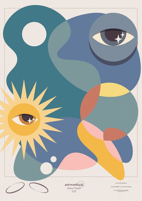 Ein 52 Dew Artists-Poster mit einem Sonnenauge.