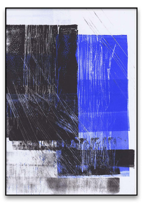 Ein kunstschaffendes Abstraktionsgemälde mit blauen und schwarzen Quadraten, erhältlich als Qualitätsdruckereien Plakat.