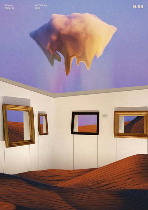 Ein Zimmer mit einem Bett und einer Art Gallery, die eine surreale Wendung in Malerei & Illustration enthält.