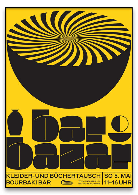 Ein schwarz-gelbes [Bar Bazar] verkauften Plakat für den Bar Bazaar, das durch seinen hochwertigen Druck von Qualitätsdruckere das Talent kunstschaffender Künstler zur Schau stellt.