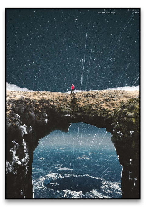 Ein Künstler steht vor einer Höhle mit Sternen am Himmel und hält einen Barringer in der Hand, der seine Kunstwerke präsentiert.