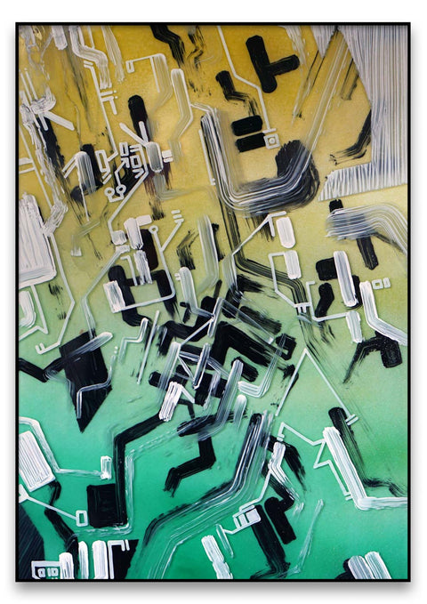 Eine abstrakte Malerei eines Circuit in Grün und Gelb mit lebhafter Textur.