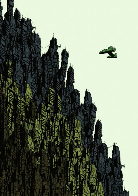 Eine Illustration eines Raumschiffs, das über einen Berg in einer Stadtansicht fliegt.