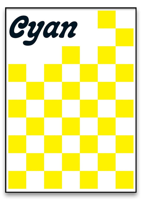 Eine gelbe und weiß karierte Grafik mit dem Wort Cyan.