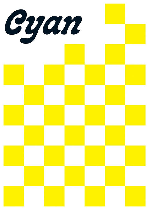 Eine gelbe und schwarz karierte Grafik mit dem Wort Cyan.