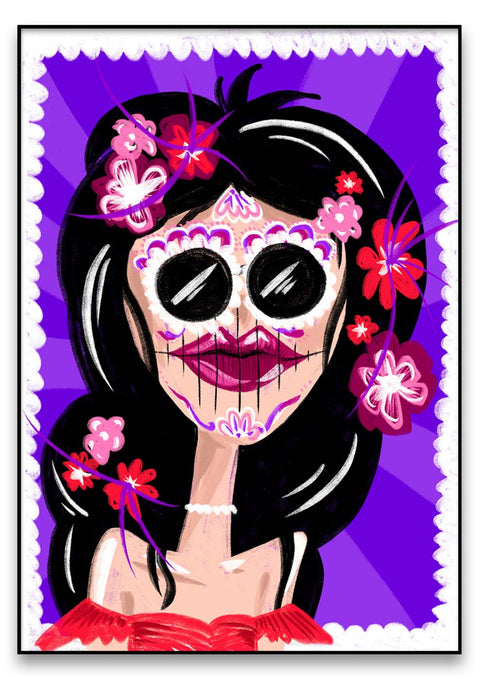 Ein Mädchen mit Dia de los Muertos-Make-up und Blumen im Gesicht, inspiriert von Dia de los Muertos.