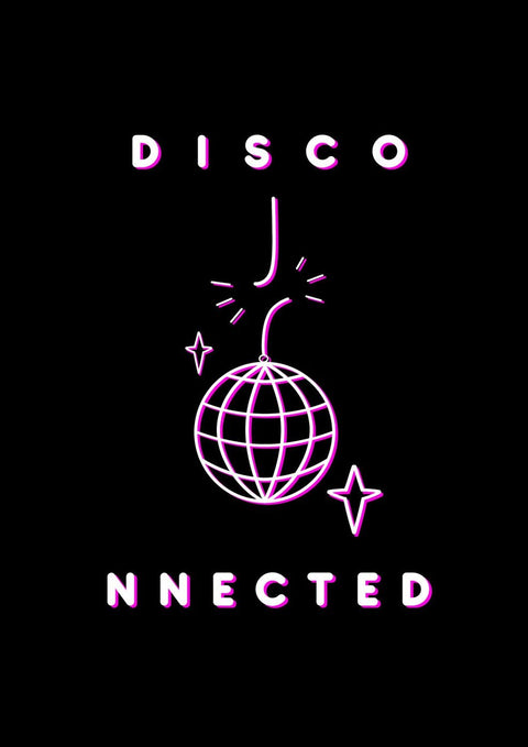 Disco Connected Logo mit neonleuchtender Diskokugel auf schwarzem Hintergrund.
