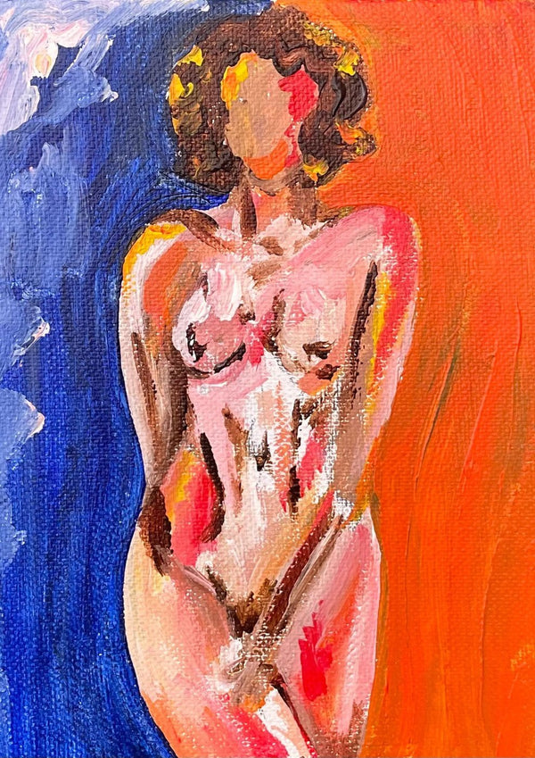 Eine Malerei eines Porträts einer nackten Frau in orange und blau, Femme (nur 30x40 cm).