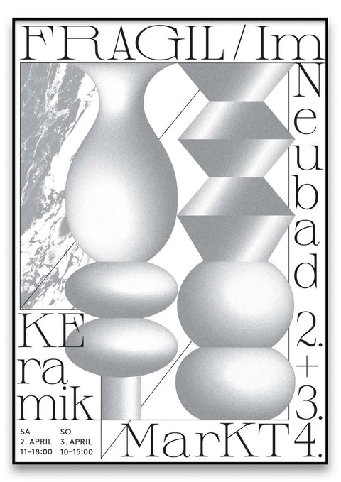 Ein Plakat für einen Fragil Keramikmarkt mit zwei Vasen mit exquisiter Typografie.