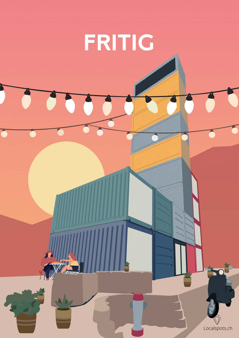 Eine Illustration eines Containers mit dem Wort „Fritig“ darauf in einem urbanen Szenario.