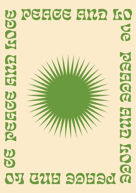 Auf diesem Poster von Grafik Design ist ein grüner „Love And Peace“-Sonnenstrahl auf beigem Hintergrund zu sehen.