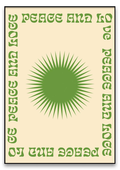 Grünes Typografieplakat „Liebe und Frieden“.