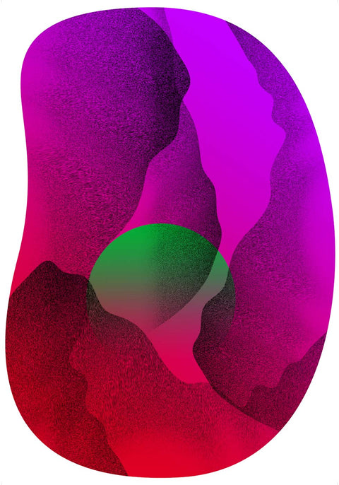 Eine abstrakte Kunst eines Grottenblumenbildes in Violett, Grün und Rot.