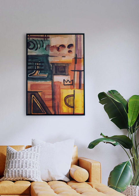 Eine Herbst-Komposition hängt über einem Sofa in einem Wohnzimmer.