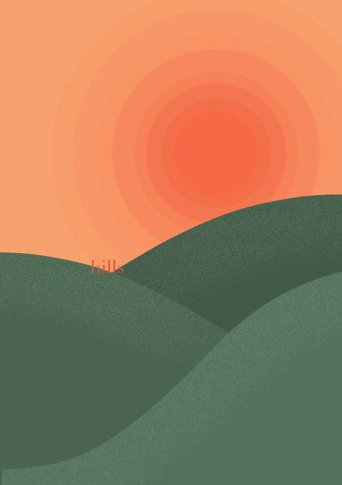 Eine Landschaftsillustration eines Hills mit der untergehenden Sonne dahinter.