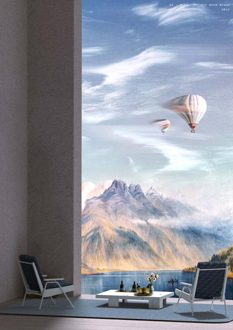 Eine Wandmalerei eines Wohnzimmers mit Blick auf eine Berglandschaft und Hot Wind Blows.