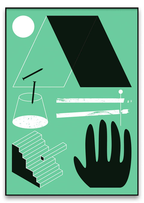 Eine schwarz-weiße Illustration Wohnwerk 2 mit einer Hand, einem Zelt und einer Hand, alle in minimalistischem Stil dargestellt.