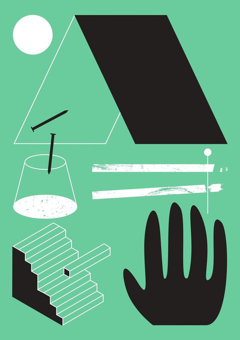Eine Illustration Wohnwerk 2 Grafik Design von einer Hand, einem Zelt und einer Zigarette, alle dargestellt mit geometrischen Formen.