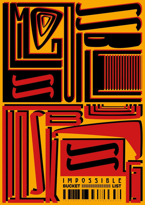 Ein Pop-Art-Poster mit der Aufschrift „Impossible Bucket List“, hervorgehoben durch fette Typografie.