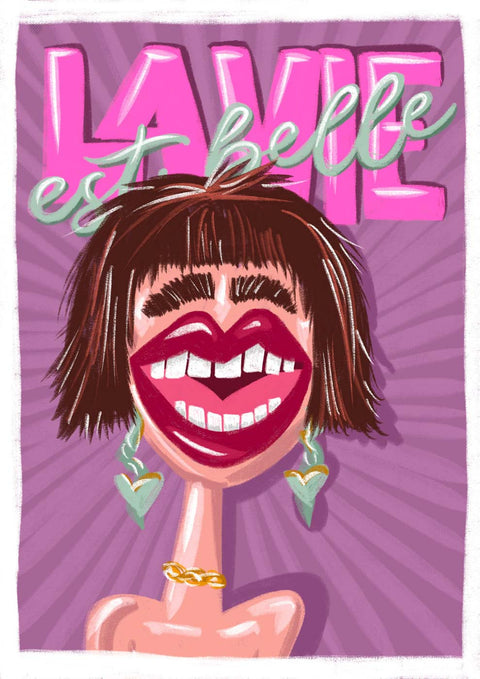 Ein Cartoon-Bild einer Frau mit einem „La Vie est belle“-Etikett im Gesicht.