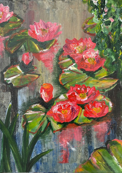 Eine Malerei von La vie en rose in einem Teich.