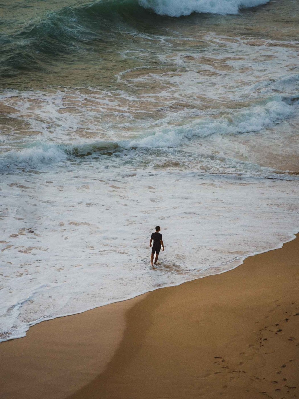 Eine Person, die mit einem Lonely Boy für eine Fotosession am Strand spazieren geht.