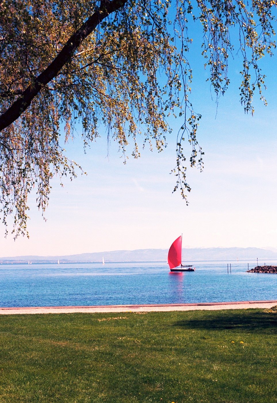 Eine rote Marina im Wasser.