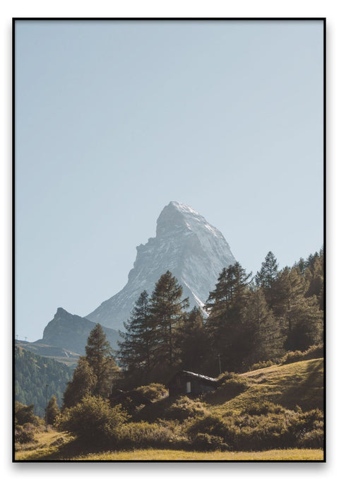 Eine Landschaft mit dem Matterhorn und Bäumen im Hintergrund.