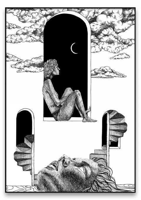 Eine surreale Schwarz-Weiß-Zeichnung eines Mannes, der aus einem mondsüchtigen Fenster schaut.