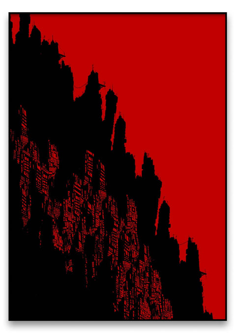Eine schwarze und rote Silhouette einer Stadt im Nightfall Design.