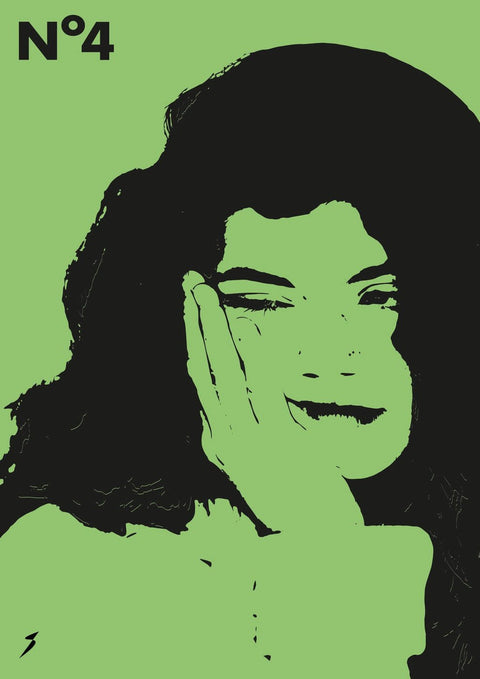 Eine Number Four-Illustration eines weiblichen Gesichts mit langen Haaren und einem grünen Hintergrund.