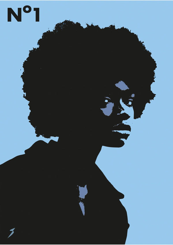 Ein Nummer-Eins-Poster mit der Silhouette einer Frau mit Afro-Haaren.