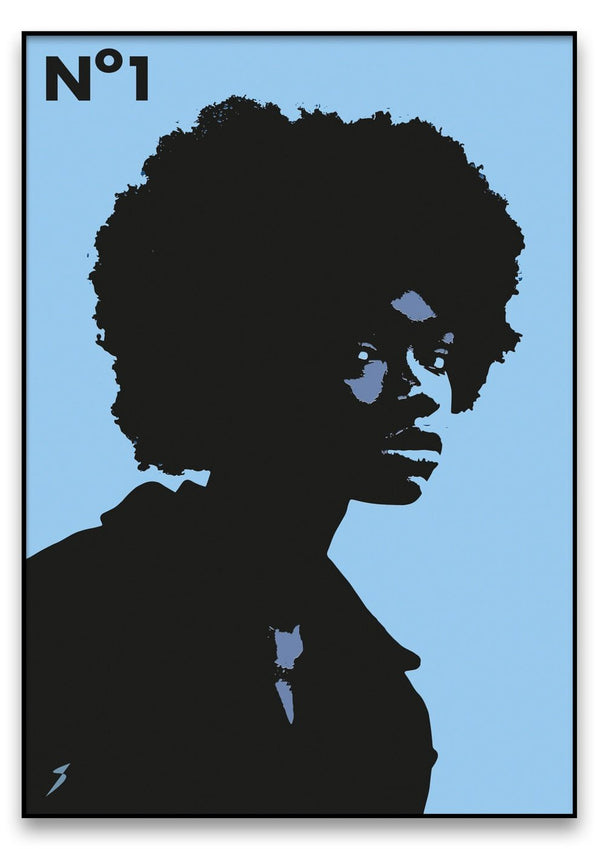 Eine Nummer Eins mit der Silhouette einer schwarzen Frau mit Afro in einem auffälligen Grafikdesign.