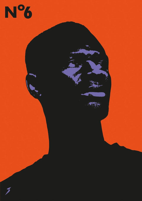 Ein Manns Silhouettenporträt mit den Worten Number Six auf einem orangefarbenen Hintergrund.